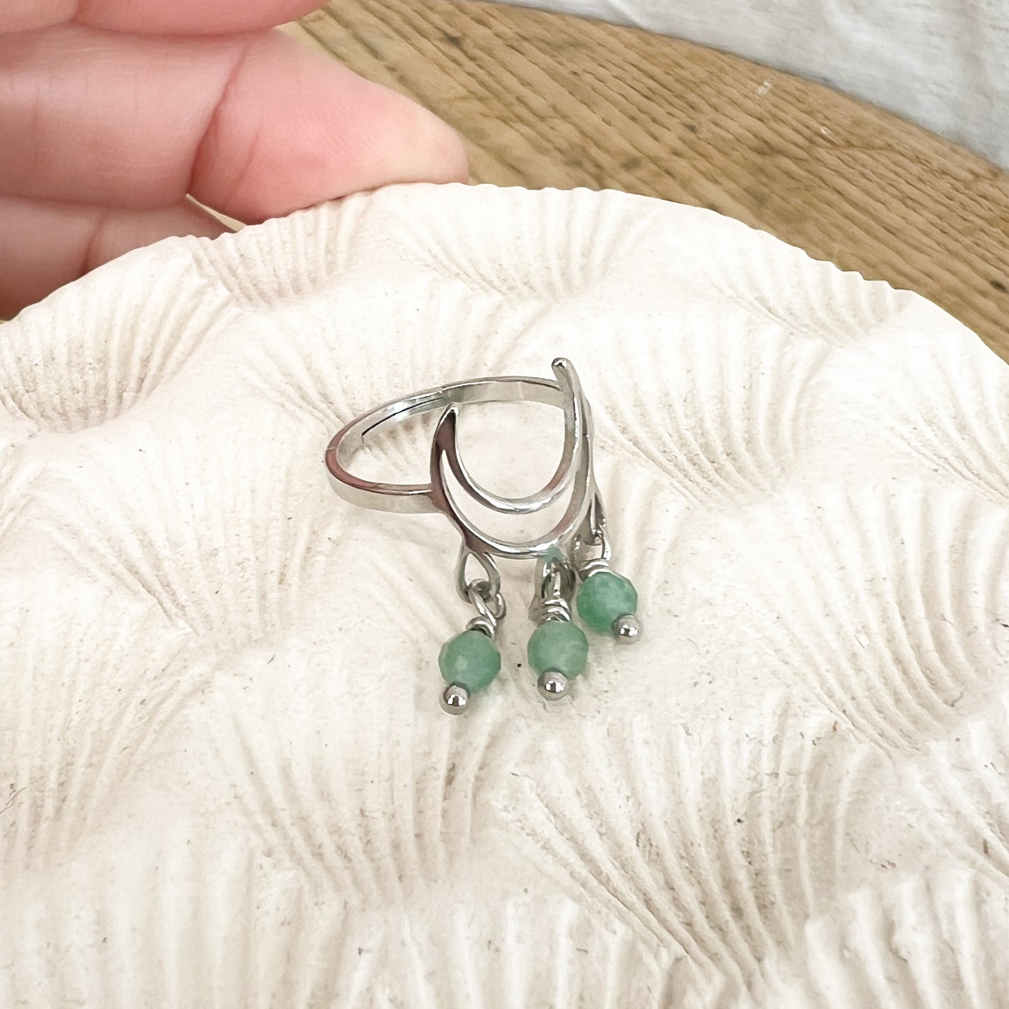 Argenté | Bague Réglable Inox Lune pierres fines