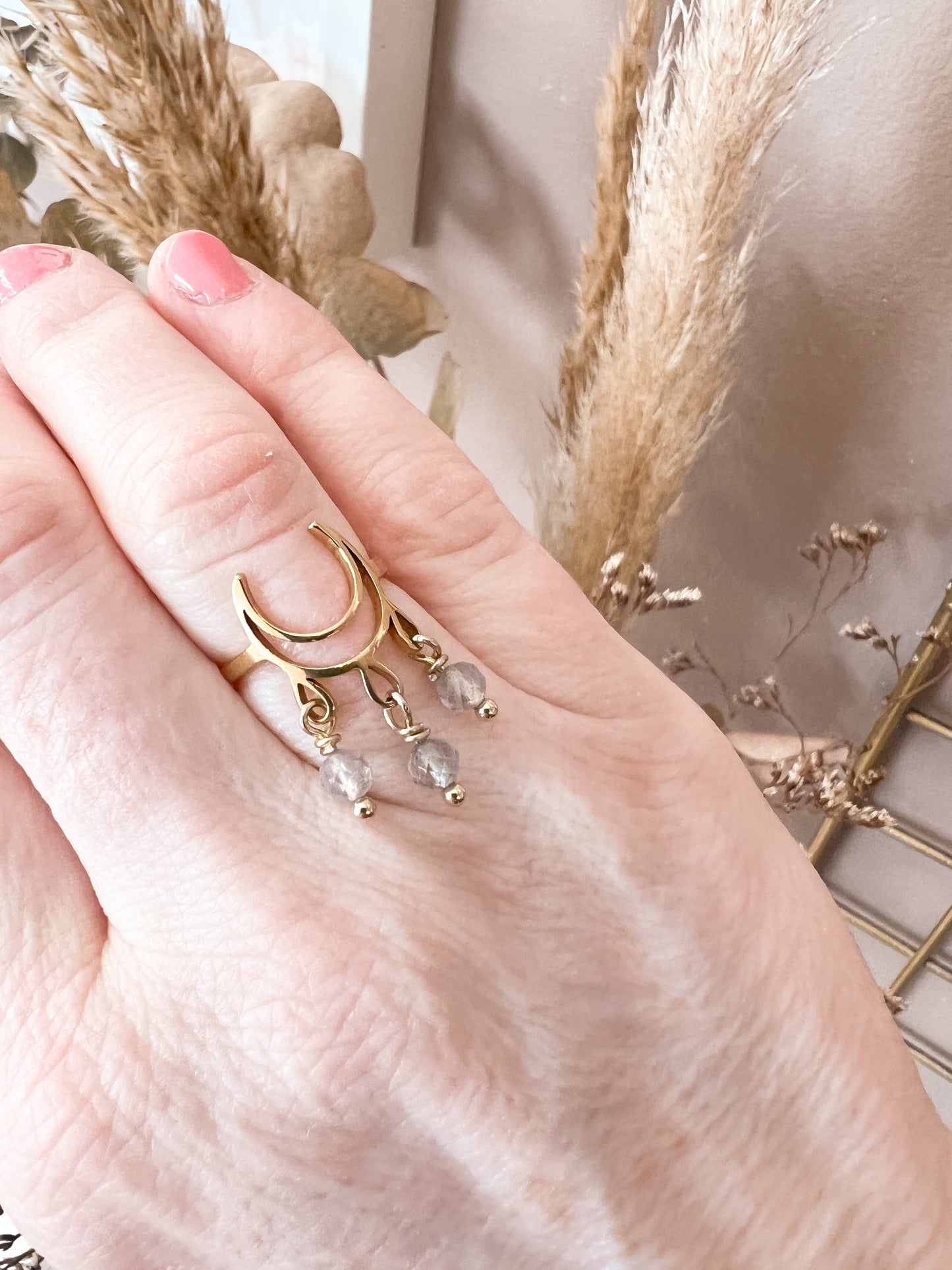 Argenté | Bague Réglable Inox Lune pierres fines