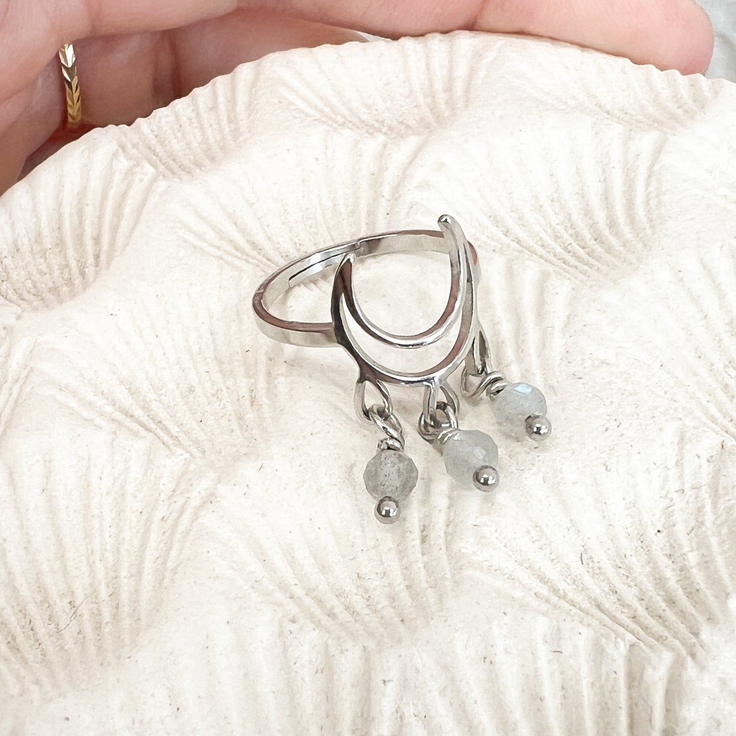 Argenté | Bague Réglable Inox Lune pierres fines