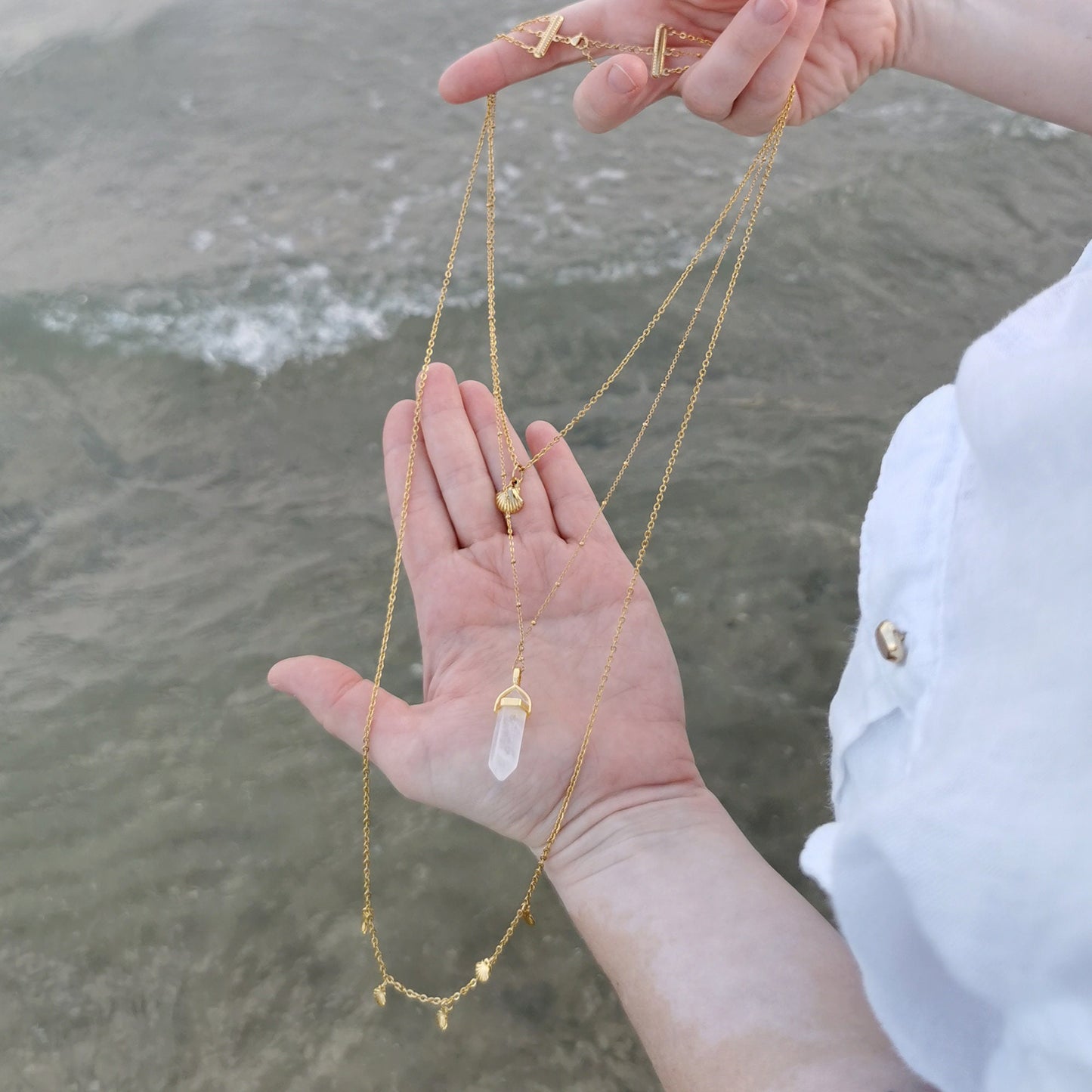 Collier multirang Boho Or & Cristal de Roche