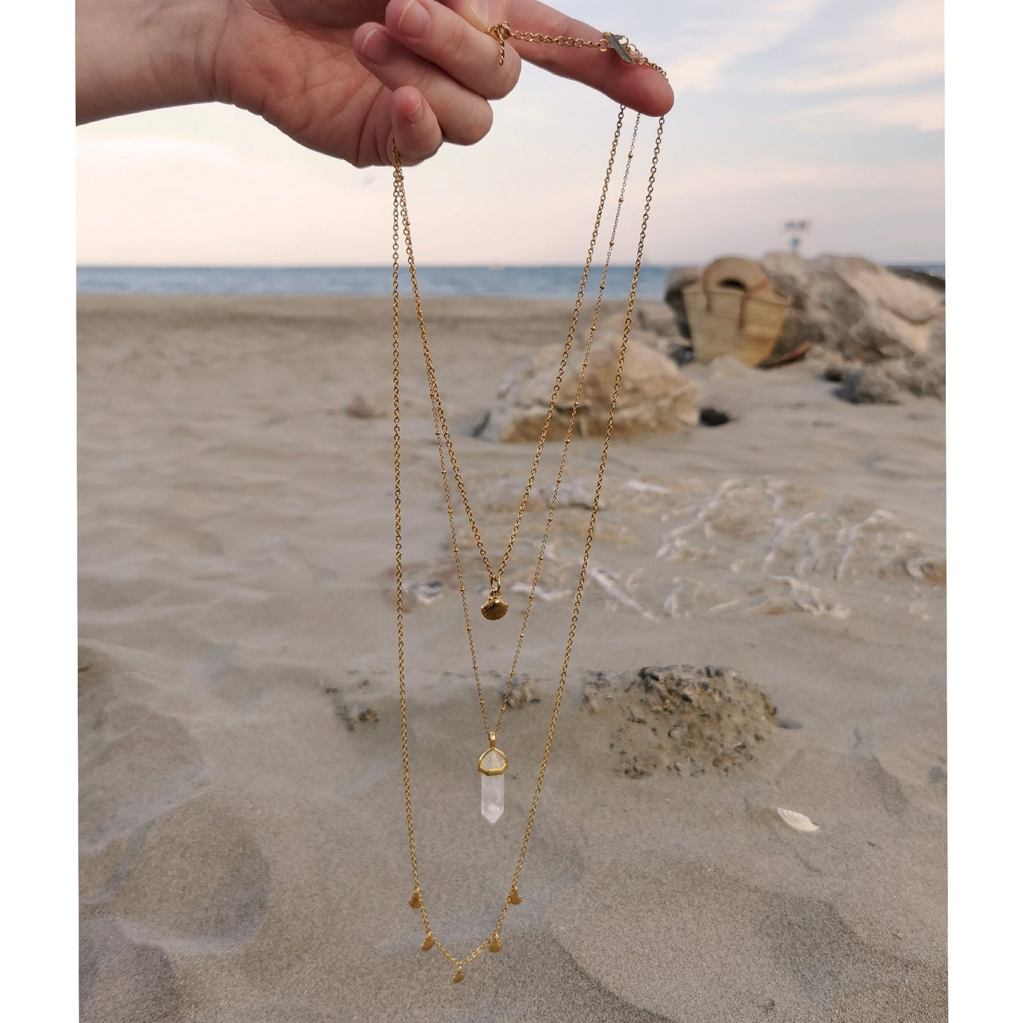 Collier multirang Boho Or & Cristal de Roche