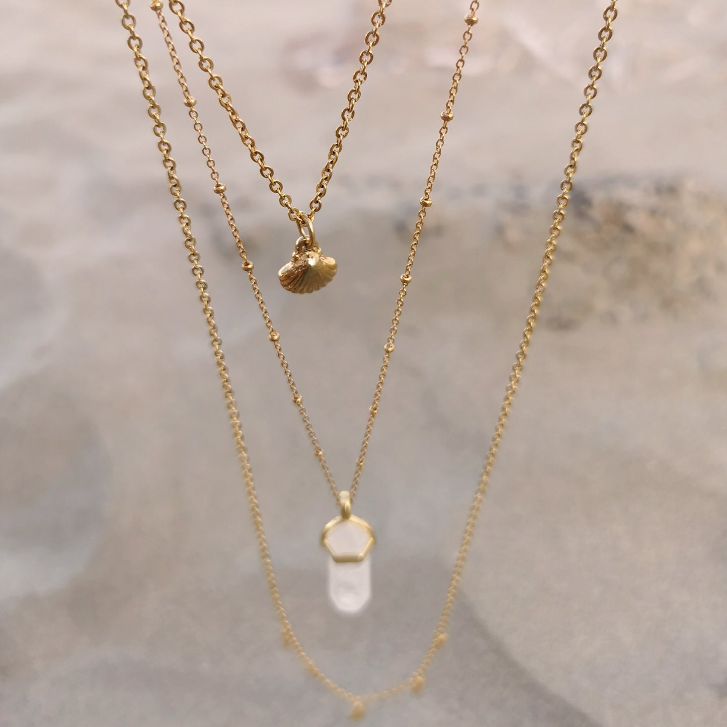Collier multirang Boho Or & Cristal de Roche