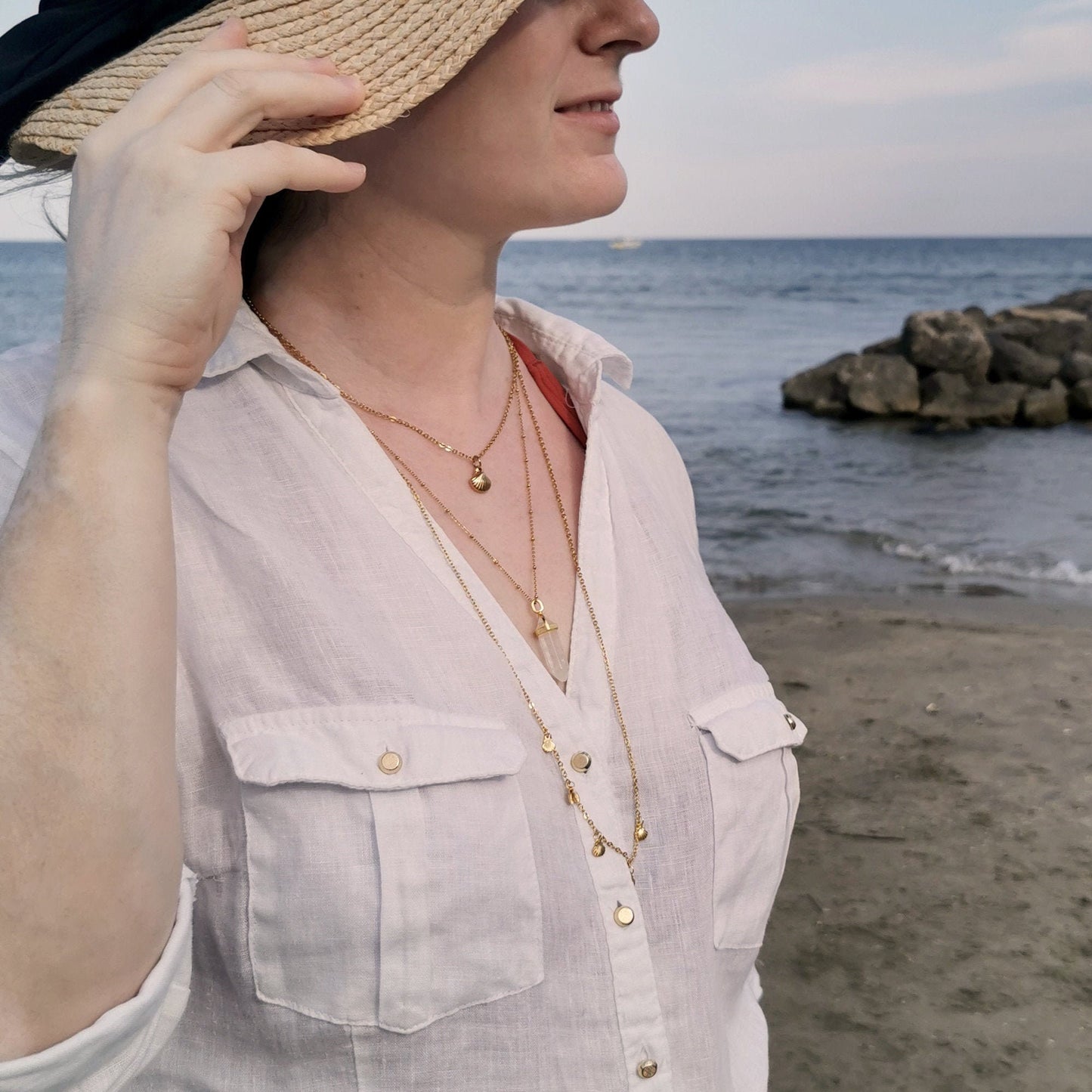 Collier multirang Boho Or & Cristal de Roche