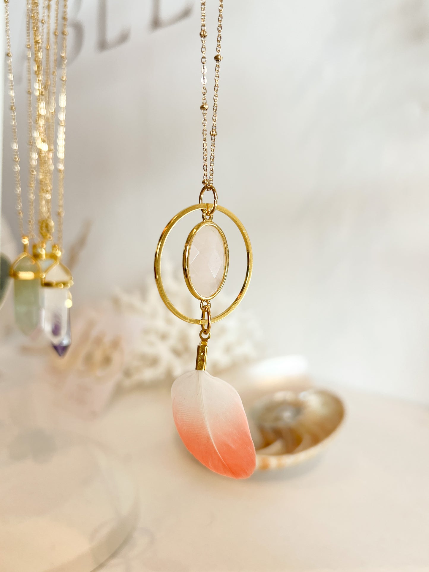Collier Flamant Rose et Quartz rose