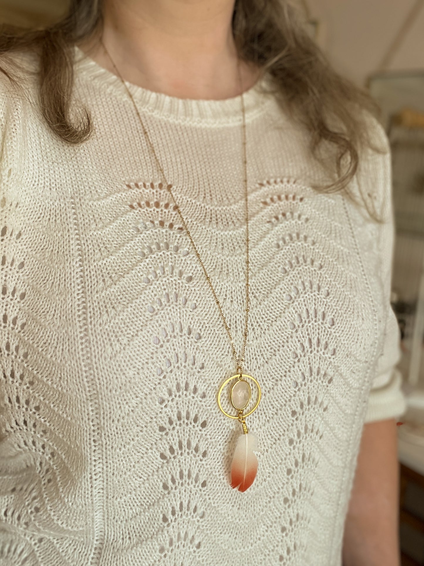 Collier Flamant Rose et Quartz rose