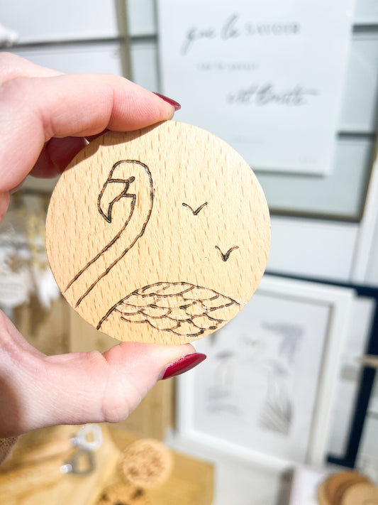 Miroir de poche en bois avec décoration pyrogravure