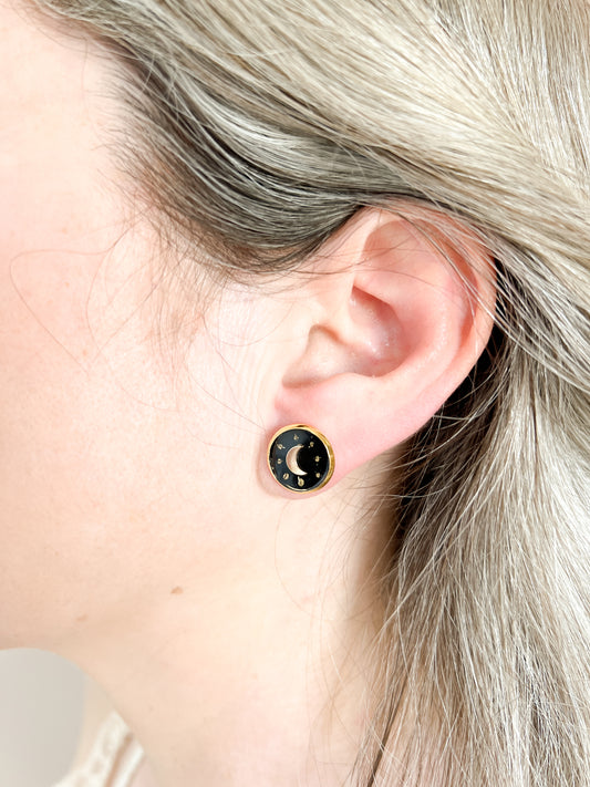 Boucles d'oreilles Puce Rondes Noir et Lune