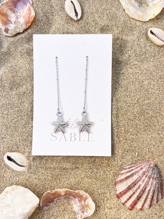 Argenté | Boucles d'oreilles Étoiles de mer chaînette d’oreille