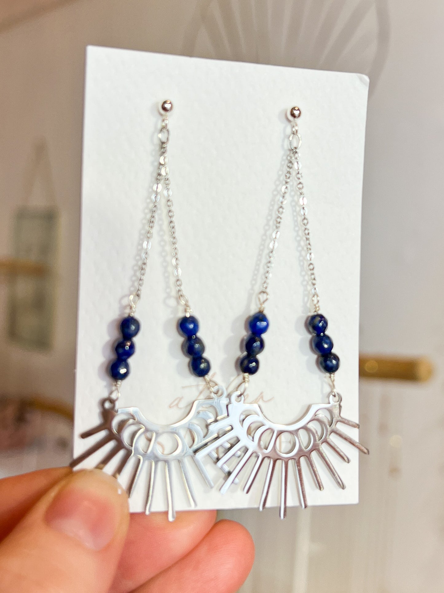 Argenté | Boucles d'oreilles Mystic Lapis Lazuli, cycles de la lune en inox