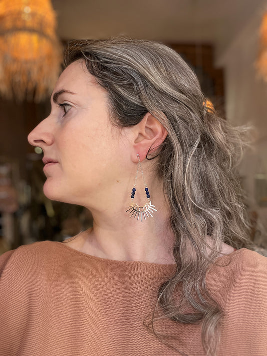 Argenté | Boucles d'oreilles Mystic Lapis Lazuli, cycles de la lune en inox